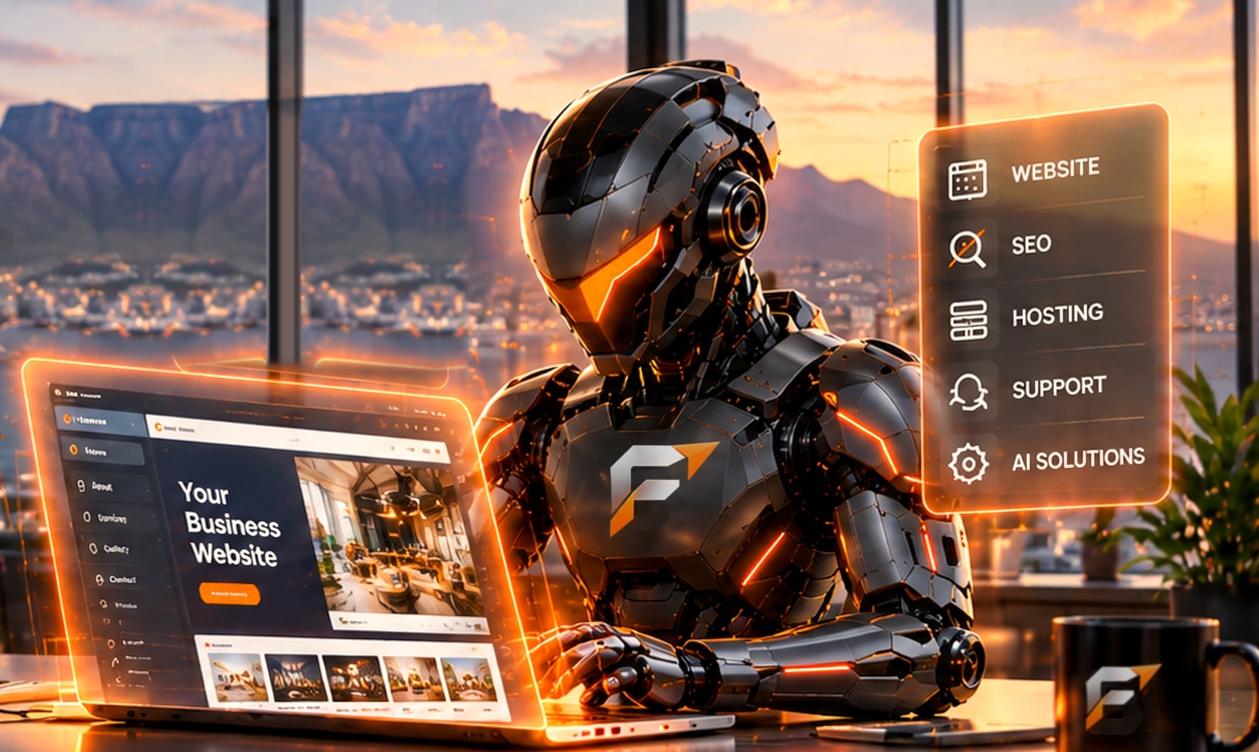 Foundry AI's graphite AI robot building a small business website on a laptop, with Table Mountain at sunset through the office windows